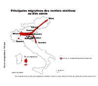 Carte. Migrations, verriers vénitiens, 15e s.